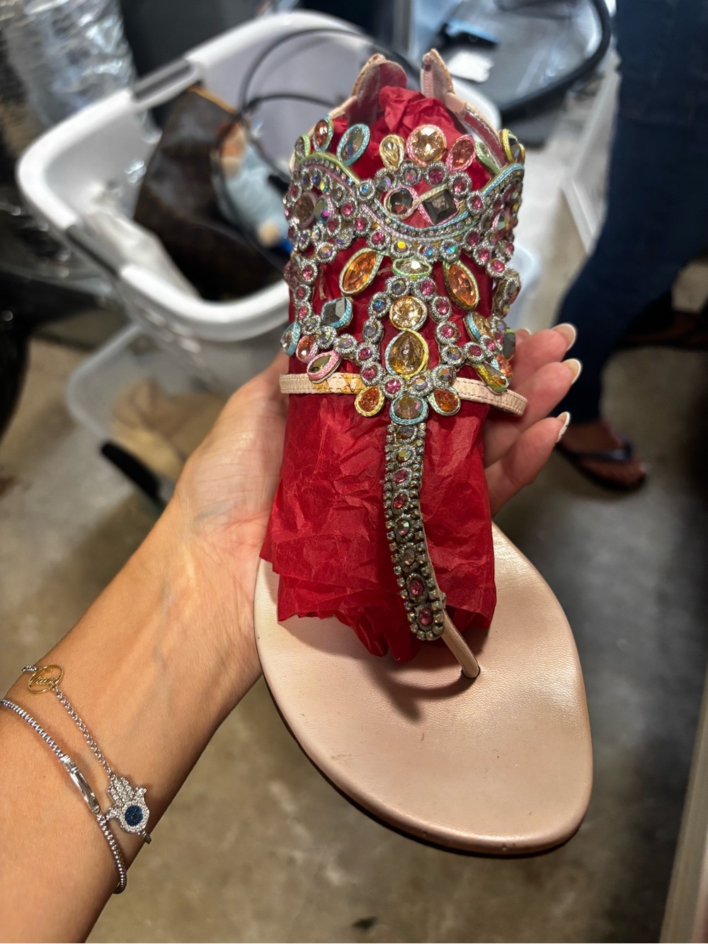 Rene Caovilla Pink T-Strap Sandal with Multicolor Crystal Embellishment